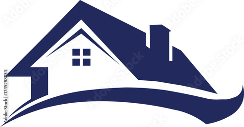 Real estate blue house silhouette with roof and chimney isolated on white background