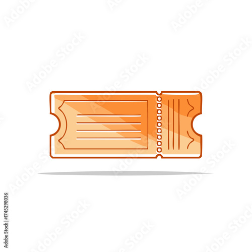 Orange coupon ticket with perforation between rows and wavy borders, event pass vector icon illustration.