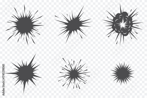 Collection of six distinct black spiky burst shapes, ideal for graphic design, logos, and decorative elements. Clean and sharp edges.