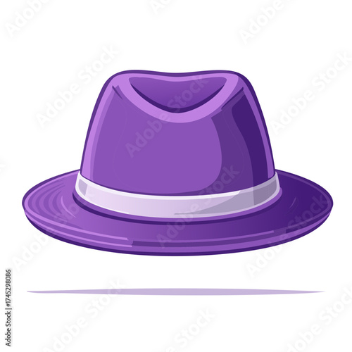 Purple fedora hat with white band isolated, illustration of a classic headwear accessory.