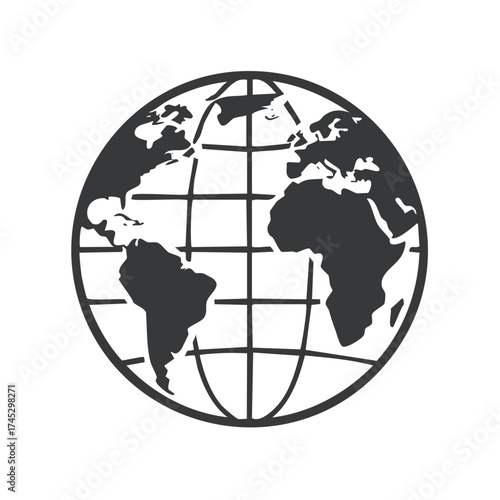 Minimalist Dark Gray Globe Icon with Continents and Grid Lines for Global Concepts