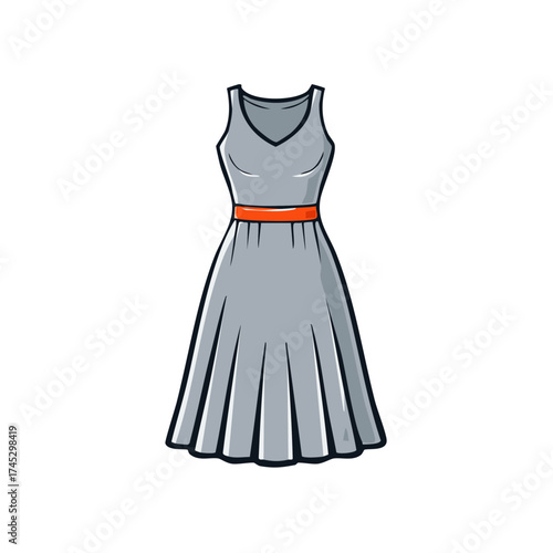 Chic grey sleeveless V-neck dress with orange belt. Modern women's fashion apparel.