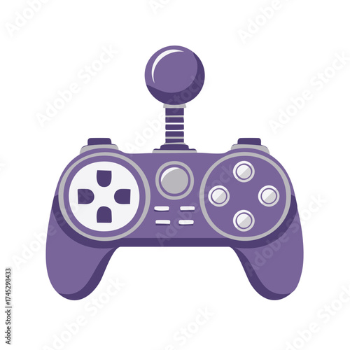 Stylized illustration of a purple retro video game controller with a center joystick