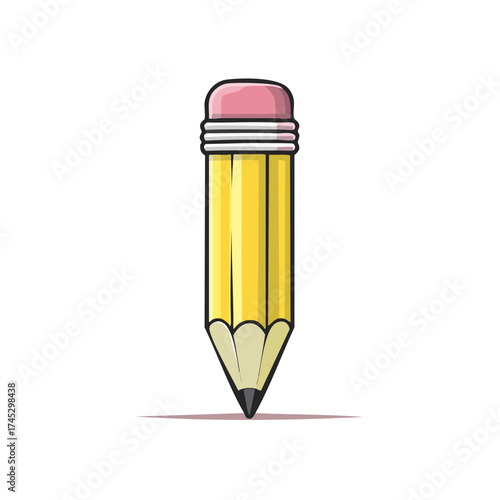 Cartoon Illustration of a sharpened yellow pencil with an eraser, side shadow.