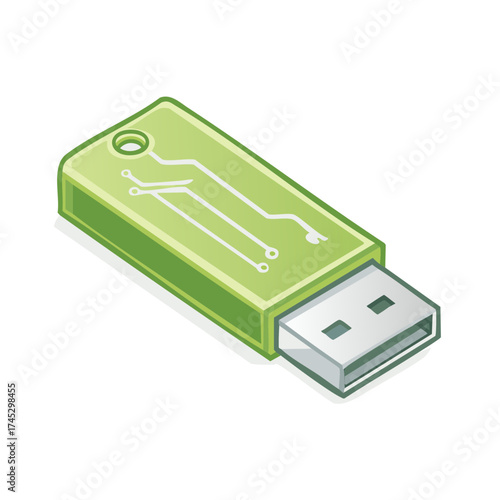 Green USB flash drive isometric illustration with circuit board design for data storage