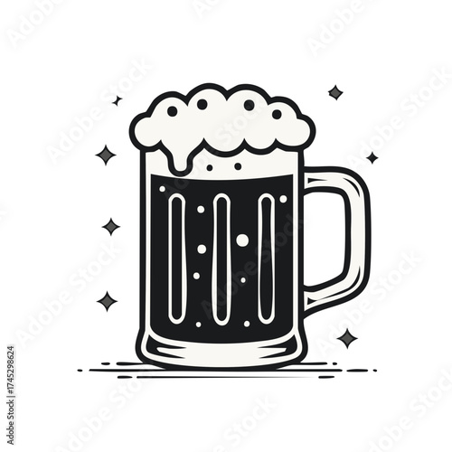 Vintage Beer Mug Illustration with Froth and Sparkles, Monochrome Black and White Minimalist Style