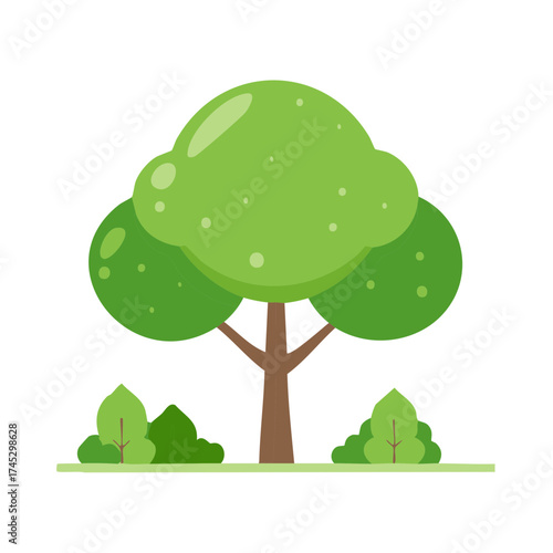 Simple flat design vector illustration of a lush green tree with shrubs