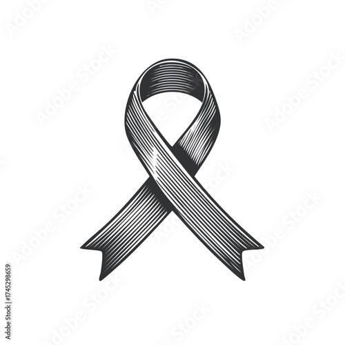 Vintage engraved style black awareness ribbon illustration for support and solidarity