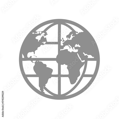 Abstract gray Earth globe icon with continent outlines and geographic grid pattern