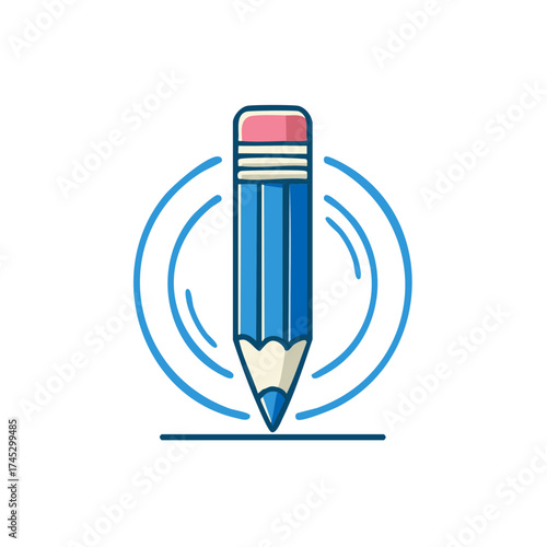 Stylized Blue Pencil with Eraser Drawing a Line Surrounded by Circular Shapes Illustration