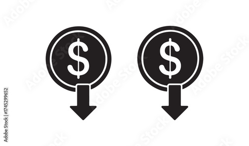 Two coins with dollar sign and arrow down isolated on white background