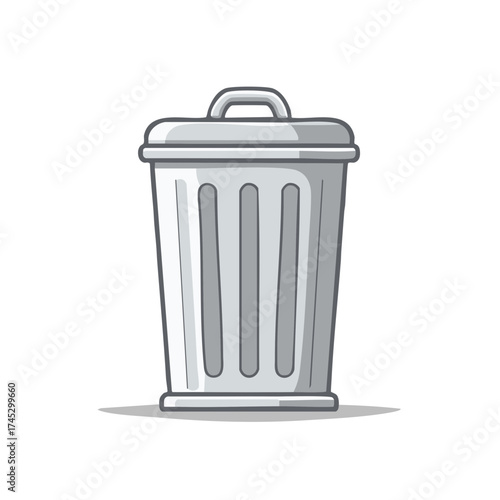 Classic metal garbage can with a closed lid and handle in a simple cartoon style illustration