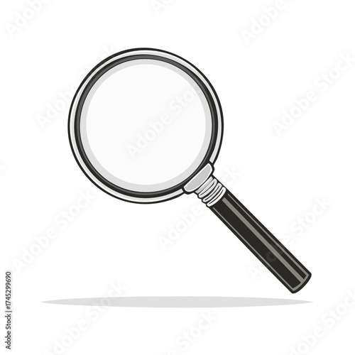 Magnifying glass illustration for search or research concept; investigation, analysis, and exploration tool, black handle and silver frame