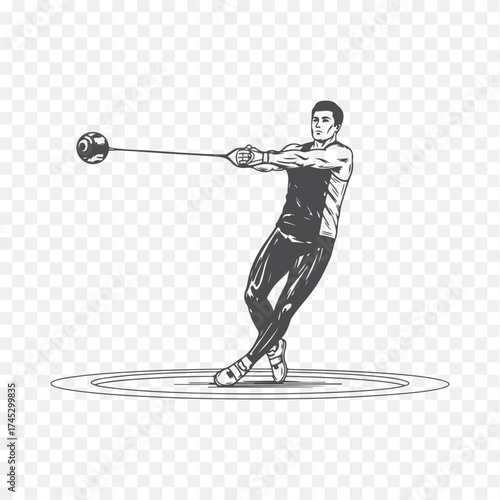 Illustration of an athlete in mid-action during a hammer throw event, showcasing technique and motion dynamics.