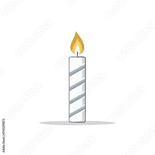 Burning White Striped Candle Isolated On White, Celebration Object, Holiday Decoration