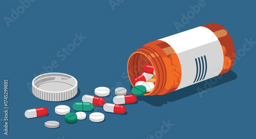 A bottle of medication has fallen over spilling pills across a blue surface.