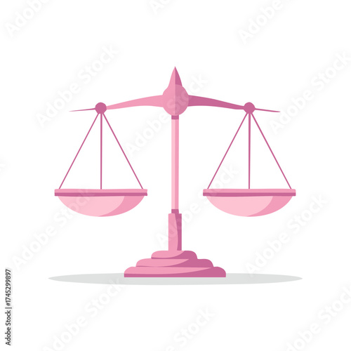 Illustrative pink justice scale depicting the concept of balance and legal impartiality with a minimalist aesthetic.