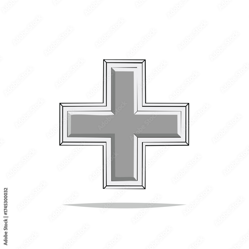 Fototapeta premium Grey Dimensional Cross Symbol with Black Outline and Dropped Shadow Design Element Icon Sign Graphic