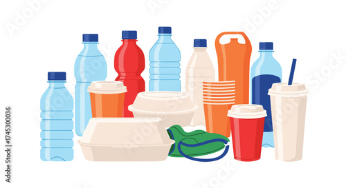 An assortment of disposable food and beverage containers made from plastic materials.