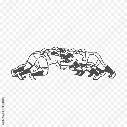 A striking black-and-white illustration capturing two wrestlers in a dynamic grappling pose, emphasizing motion and intensity.