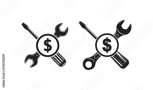 Wrench and screwdriver crossed with dollar sign isolated on white background