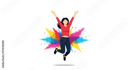 A person jumping in the air with their arms raised in celebration surrounded by a colorful explosion of powder.