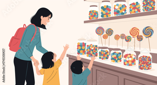 A mother and her two children are looking at a display of candies.