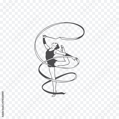 A minimalist black-and-white illustration of a ribbon dancer in mid-motion, showcasing fluidity and grace in artistic form.
