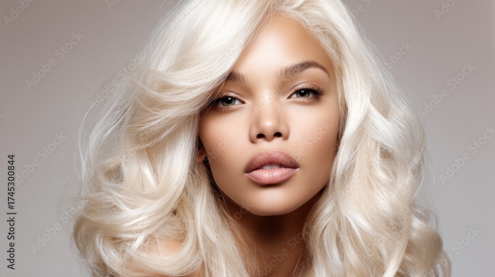 Fototapeta premium Model showcases stunning blonde hair and natural beauty in a soft studio setting