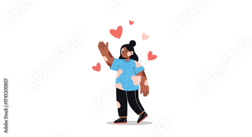 A person with vitiligo is waving and surrounded by hearts.