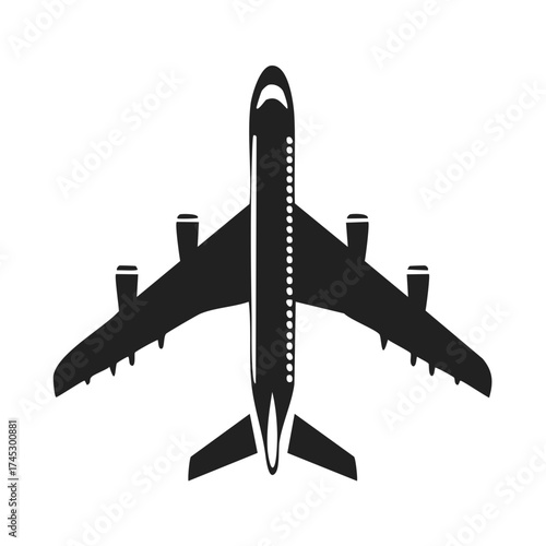 Black silhouette of a passenger airplane from a top-down aerial view
