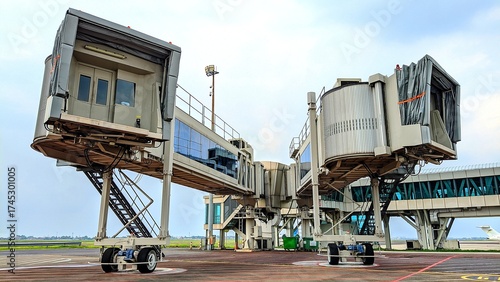 Two passenger boarding bridges side by side at an airport gate, showcasing modern transportation facilities and infrastructure