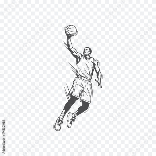 Monochrome sketch of an athlete mid-dunk, showcasing motion and energy in a minimalist artistic style. Perfect for sports themes.
