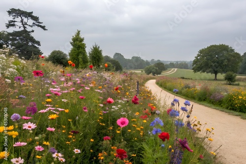Colorful Wildflowers in Bloom Meadow Landscape 
