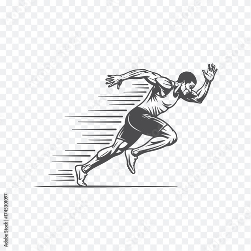 A monochrome, high-energy illustration of a sprinter captured mid-stride, emphasizing speed and athleticism with motion lines.
