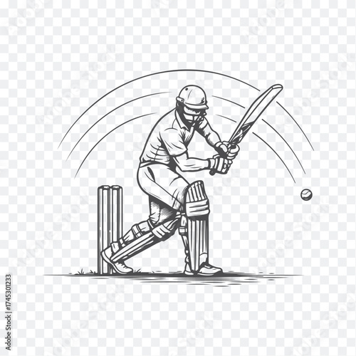 Illustration of a cricket batsman in mid-swing, poised to hit the ball with a dynamic pose and focused expression.