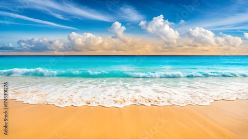 Atlantic ocean, front scenic view of waves on the beach, 2024 travel and summer vacations panoramic background, web banner