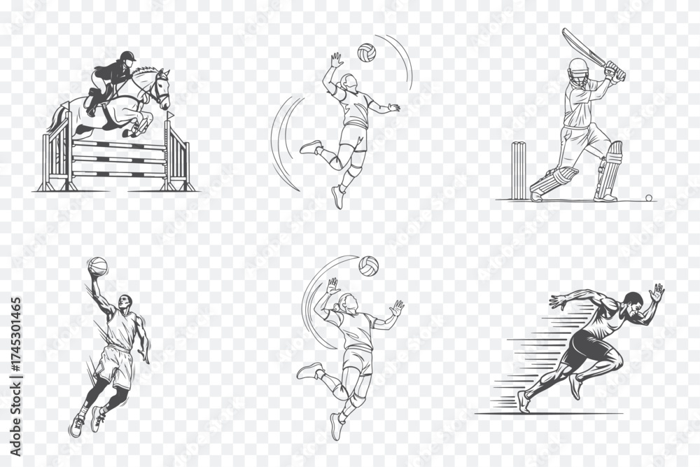 Fototapeta premium Six black-and-white vintage-style illustrations depicting different sports: equestrian, volleyball, cricket, basketball, soccer, and baseball.