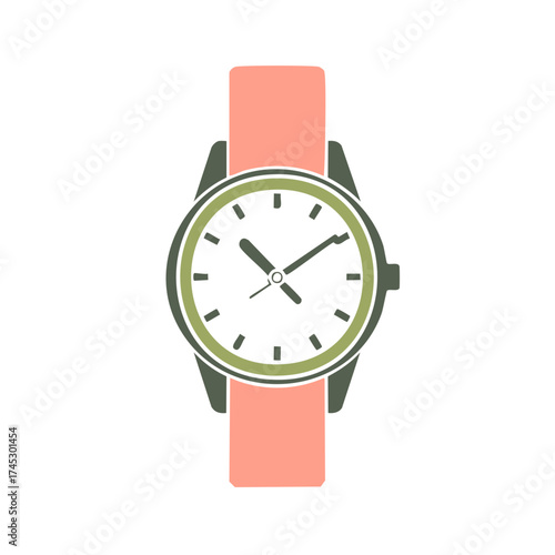 Minimalist wrist watch with a coral strap and olive green accents