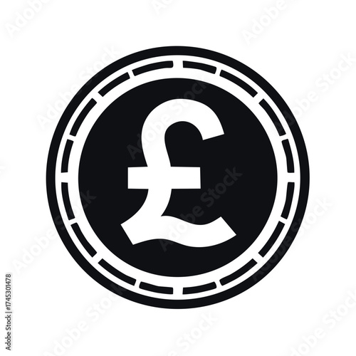 Black and white graphic of a pound sterling coin symbol
