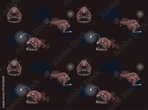 Deep Sea Fish Anglerfish Cartoon Character Seamless Wallpaper Background