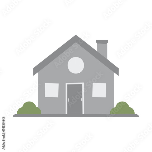 Cartoon-style illustration of a grey house with chimney and circular window and small shrubbery.