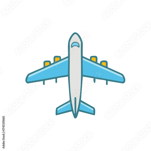 Top down view of commercial airplane vector icon in blue, grey and yellow colors