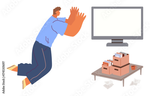 Upset man kneeling and gesturing at blank TV screen near table holding file boxes, scattered papers. Ideal for frustration, disconnection, focus, organization, challenges, digital issues, simple flat