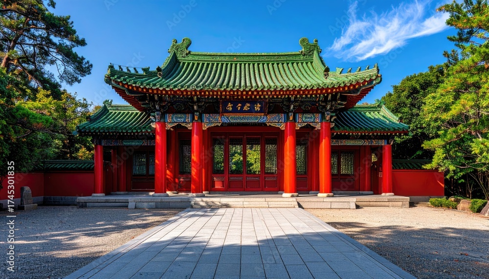 Fototapeta premium Ancient Imperial Palace Complex Featuring Tiered Green Roofs Under Clear Blue Sky Red Columns and Traditional Architecture