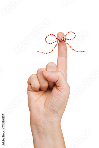 Red and White Christmas Rope Bow on Finger Pointing Sign Isolated on White and Png Transparent Background