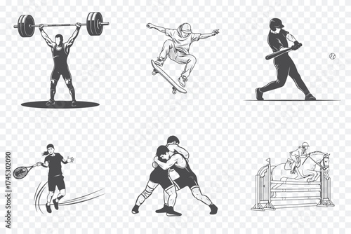 Six black-and-white illustrations showing weightlifting, skateboarding, boxing, tennis, wrestling, and hurdling sports activities.