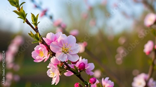A breathtaking close-up shot captures the delicate beauty of vibrant pink blossoms unfurling on a branch, adorned with fresh green leaves. The soft natural light illuminates the intricate petals and g