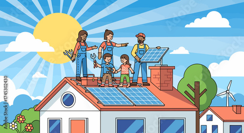 Family Teamwork Installing Solar Panels on House Roof