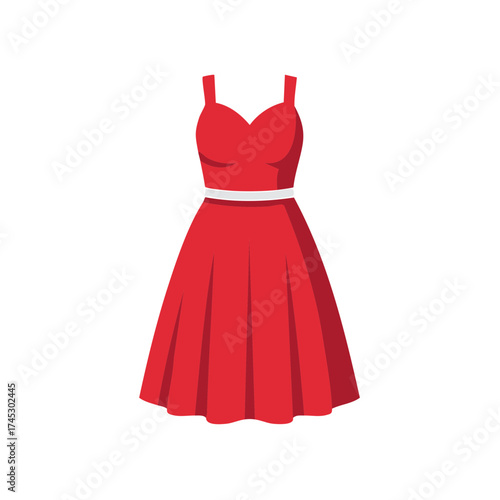 Red dress illustration with straps, a white belt, and a pleated skirt isolated on white.